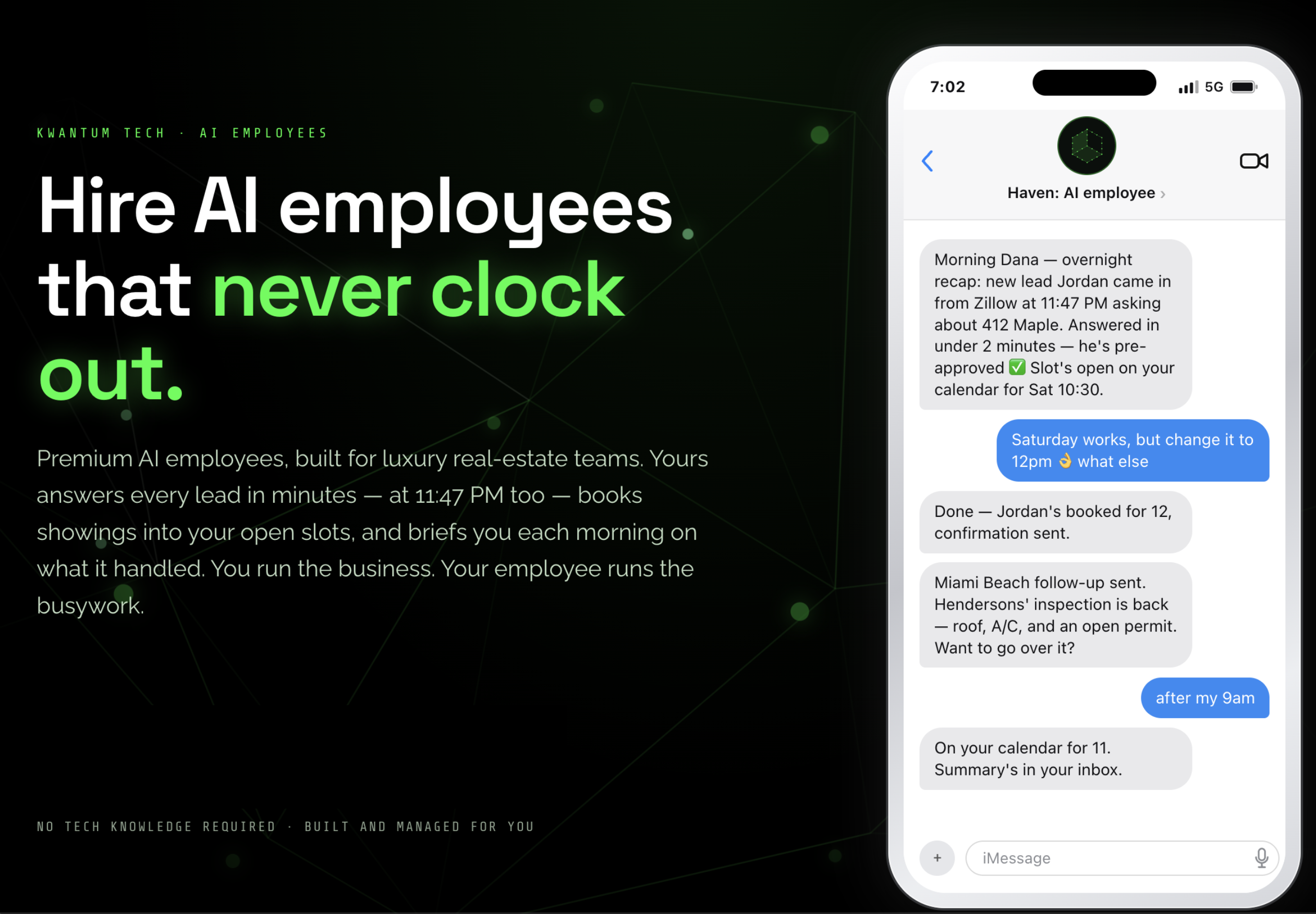 Haven AI employee demo showing real estate lead follow-up in iMessage